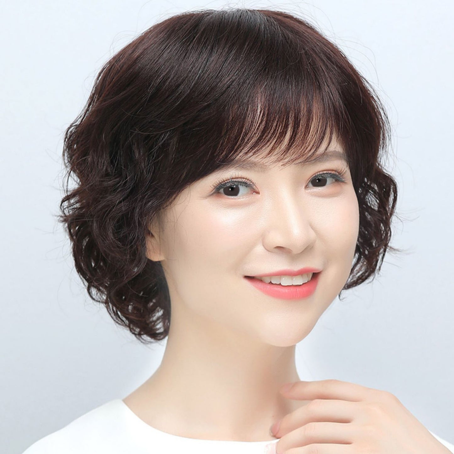 Women's Human Small Curls Natural Mother Style Full Top Short Real Hair Wig