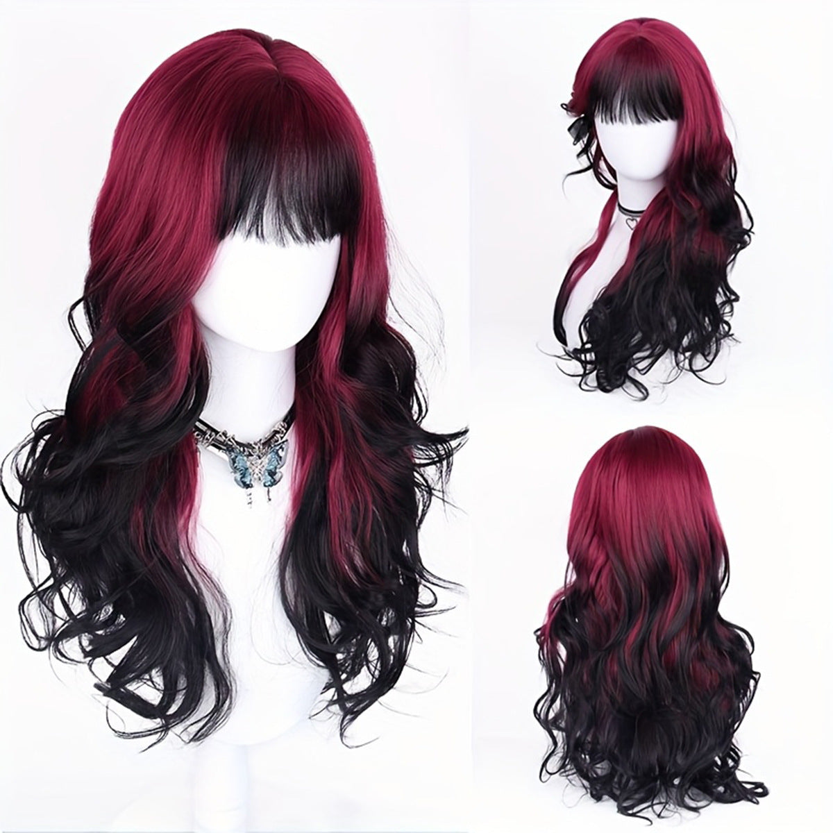 Women's Highlight Gradient Black Red Gothic Style Big Wave Head Cover Wig Long Curls