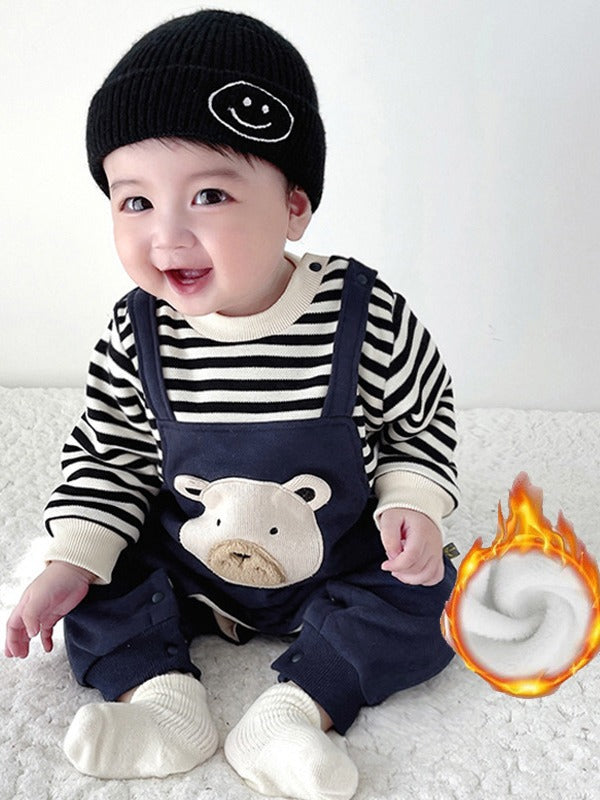 Striped Embroidered Bear Fleece-lined Jumpsuit Class Born Rompers Jumpsuit, Climbing Suit