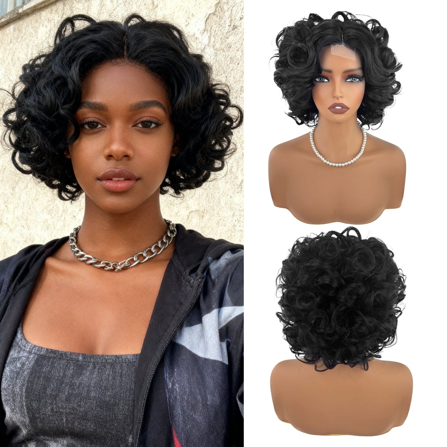Women's Black Fiber Forehead Lace Small Volume Wig Short Curly Hair