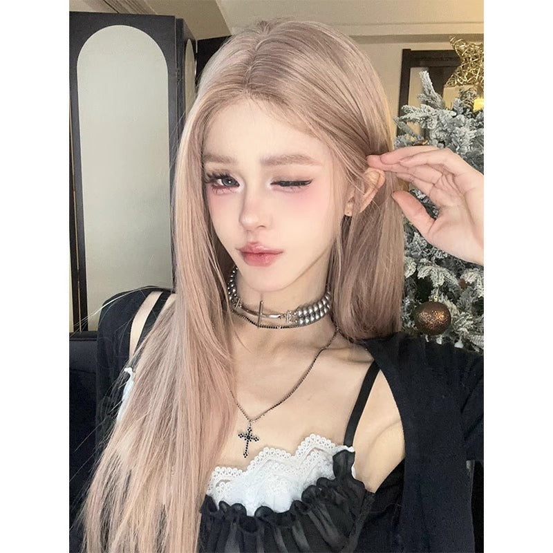 Women's Small Round Midnight Paris Hair Bean Pink Lace Long Straight Wig