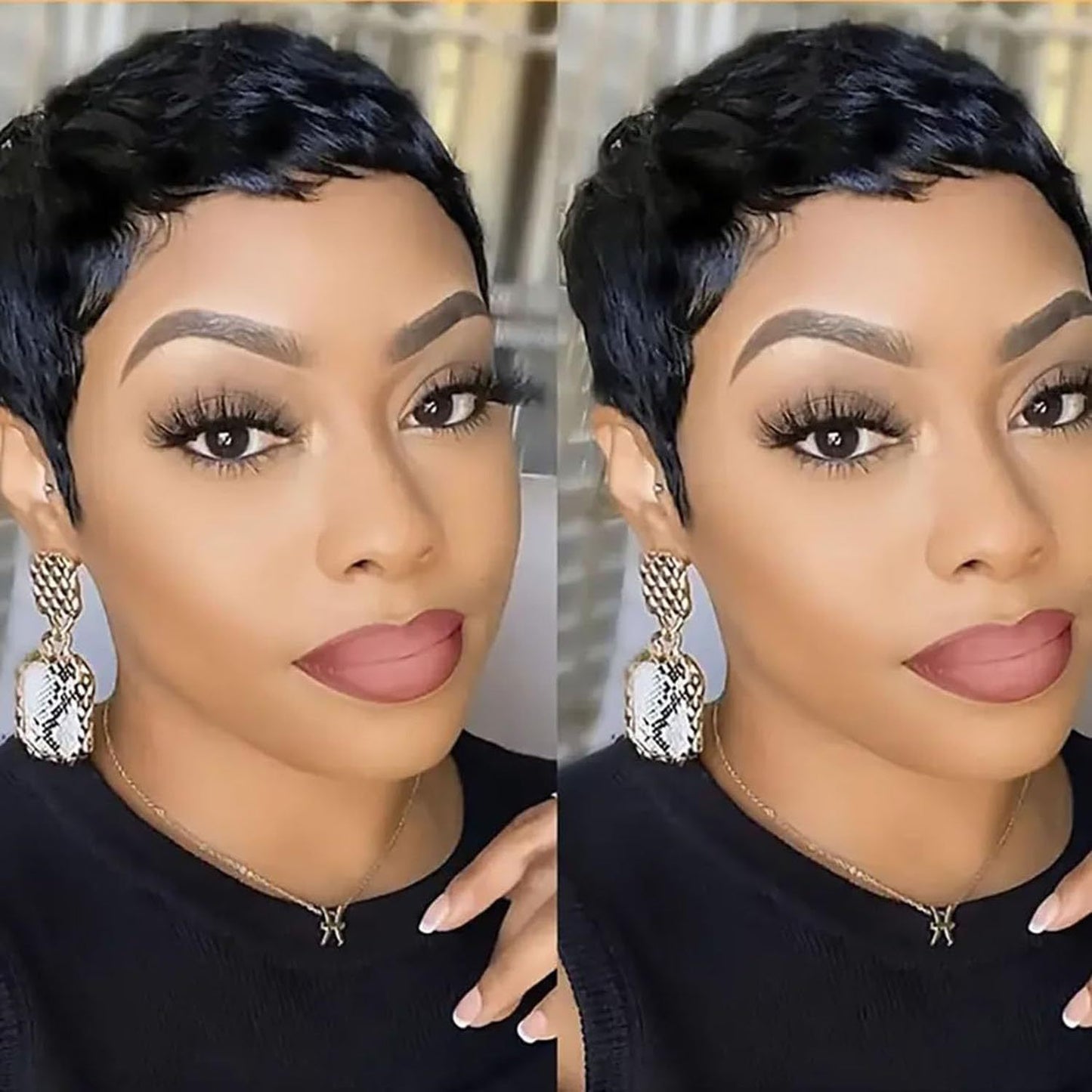 Women's Fashion African Black Layered Sheath Wig Short Straight Hair