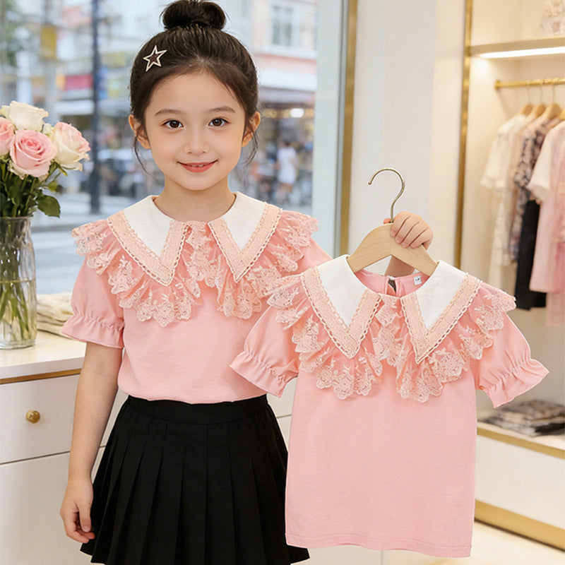 Children's Ice Porcelain Cotton Short-sleeved Shirt Summer Little Lace Collar Children's T-shirt