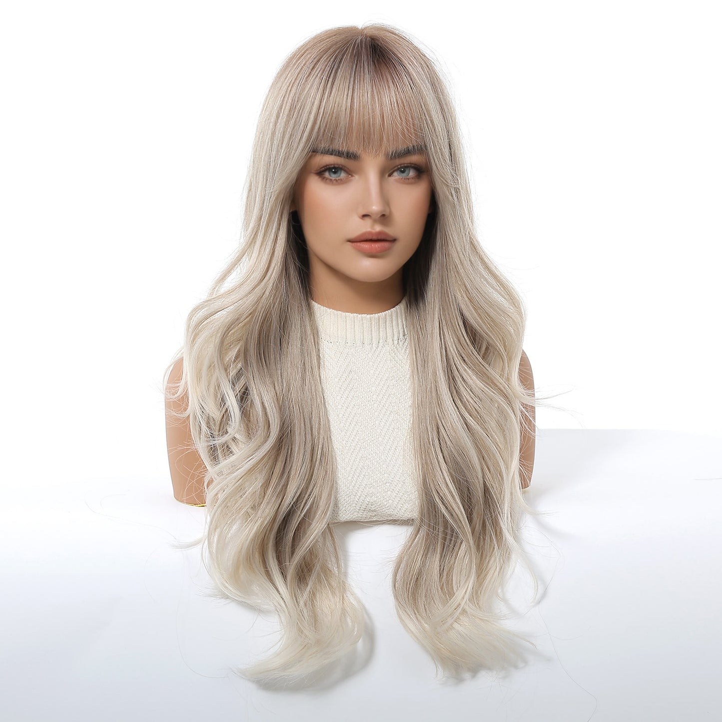 Women's Fashionable Vigorous Bangs Gradient Golden Water Ripple Curly Wig Long Curls