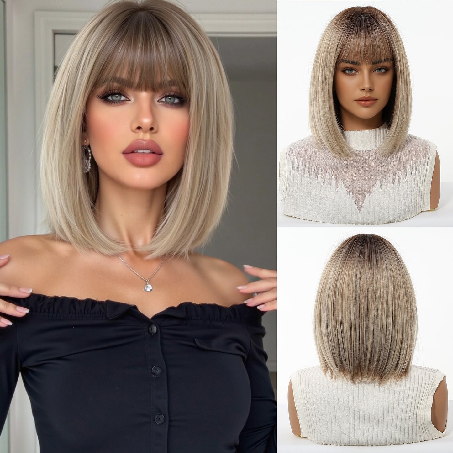 Breathable Bangs Gradient Gold Wave Full Wig Short Straight Hair