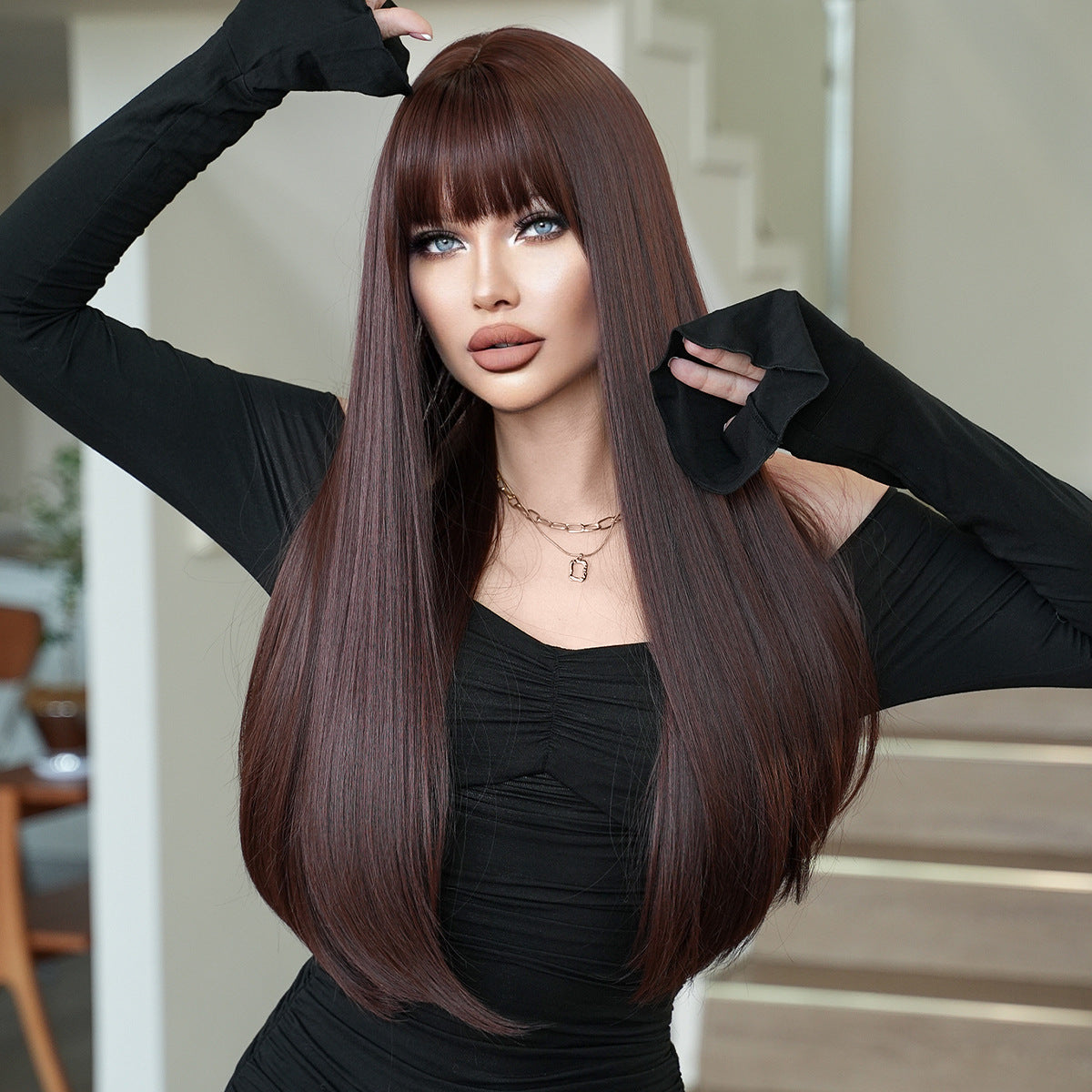 Women's Caramel Mocha Bangs Inner Buckle Layered Long Straight Wig
