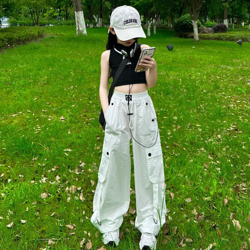 White Overalls Summer Thin American High Waist Jazz Dance Casual Children's Pants