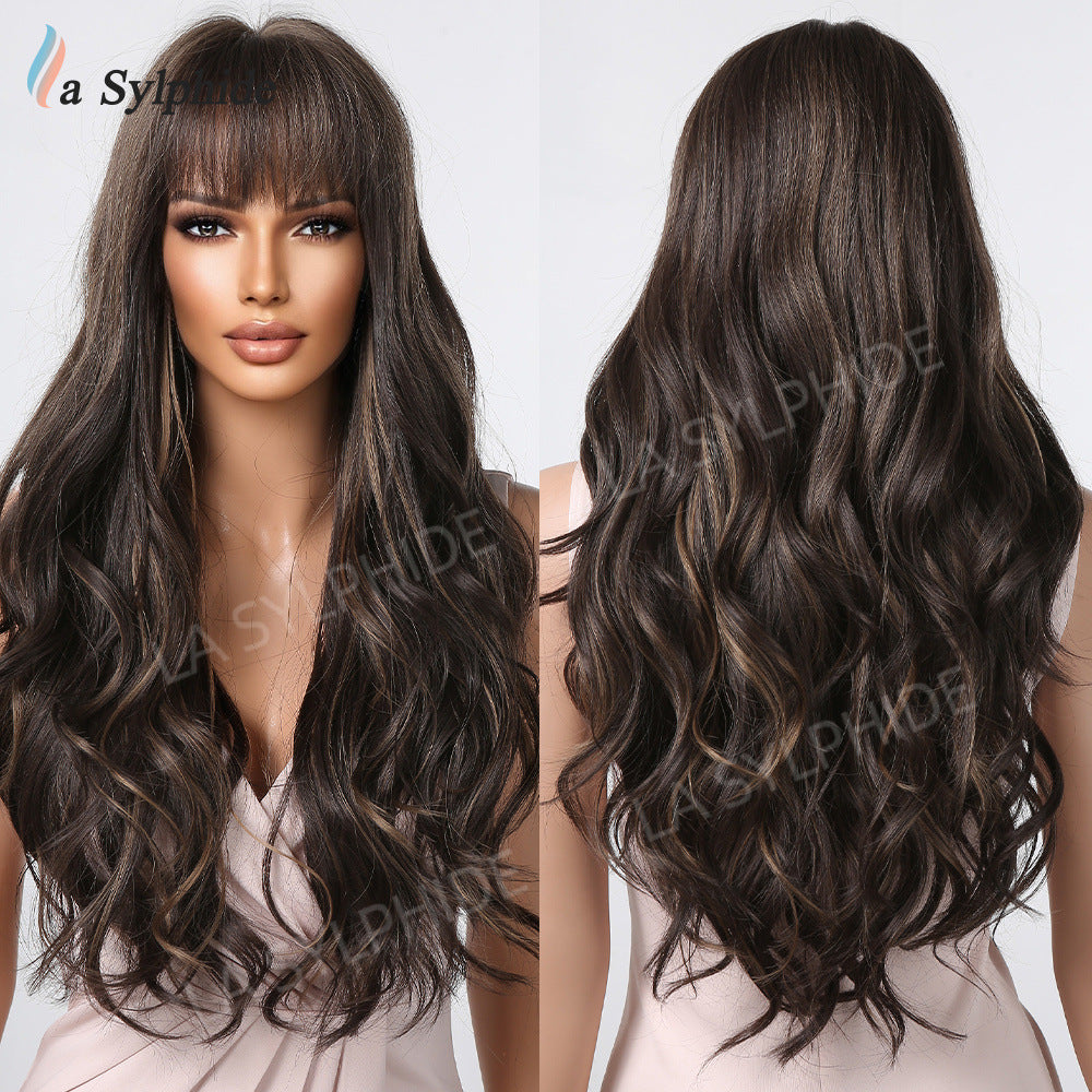 Fringe Curly Hair Highlights Brown Big Wave Wig Long Curls