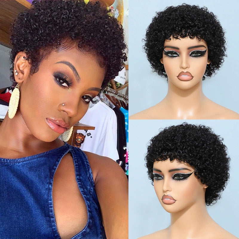 Curls Head Cover African Curly Short Real Hair Wig