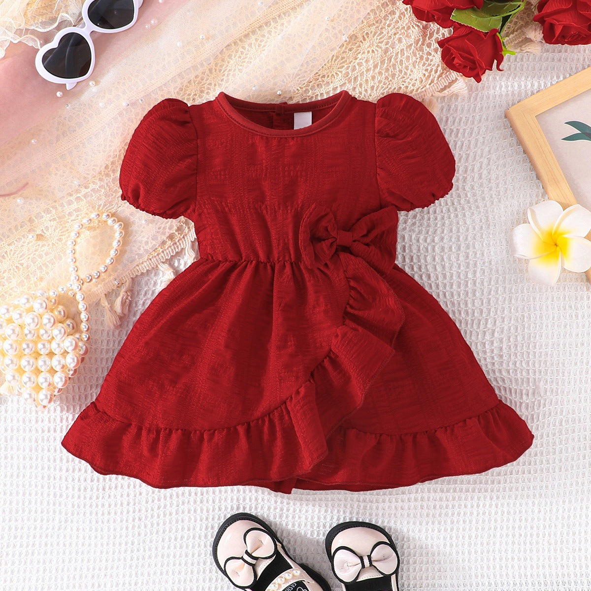 Summer Burgundy Puff Sleeve Bow Princess Western Children's Dress