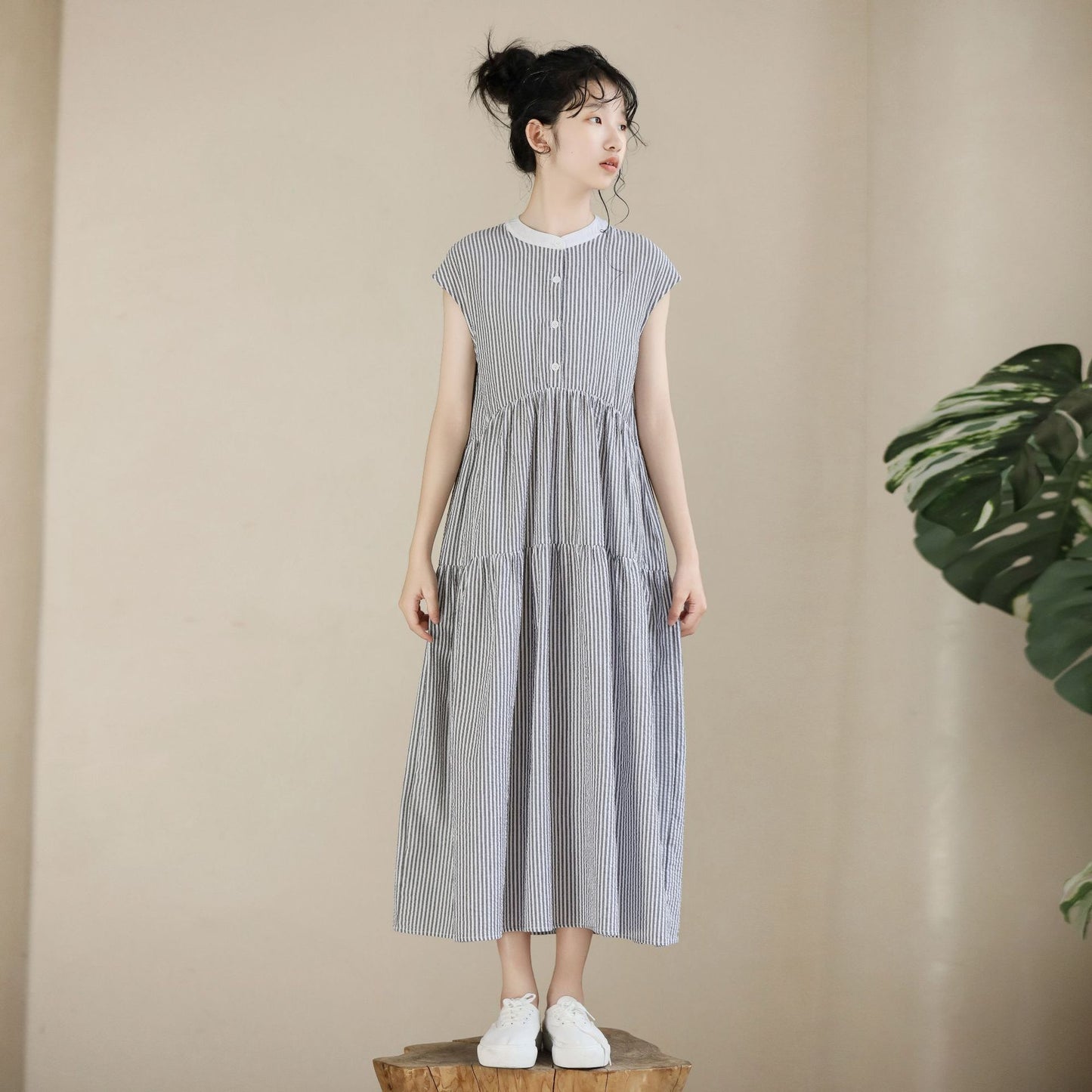 Summer Striped Stand Collar Long Sleeveless Children's Dress
