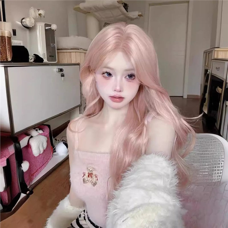 Rose Pink Hair Mid-length Bangs Big Wave Wig Long Curls