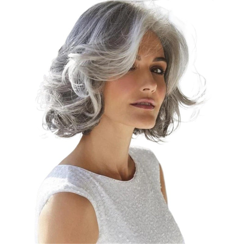 Women's Curly Gray White Short Hair Fluffy Partial Length Bangs Synthetic Wig Long Curls