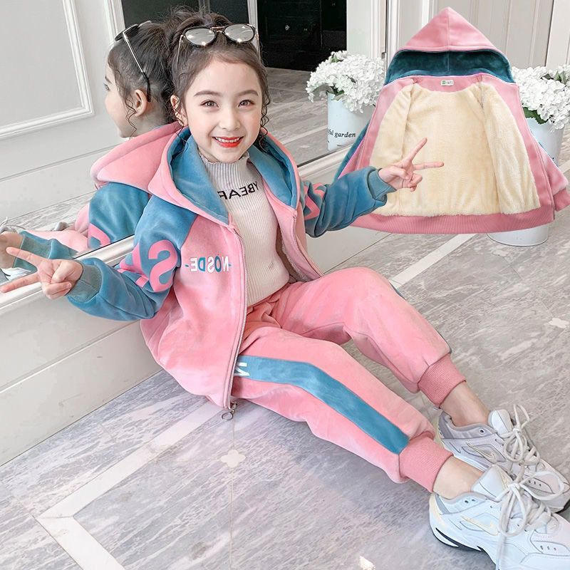 Children's Fleece-lined Thickened Spring Casual Sportswear Double-sided Children's Suit