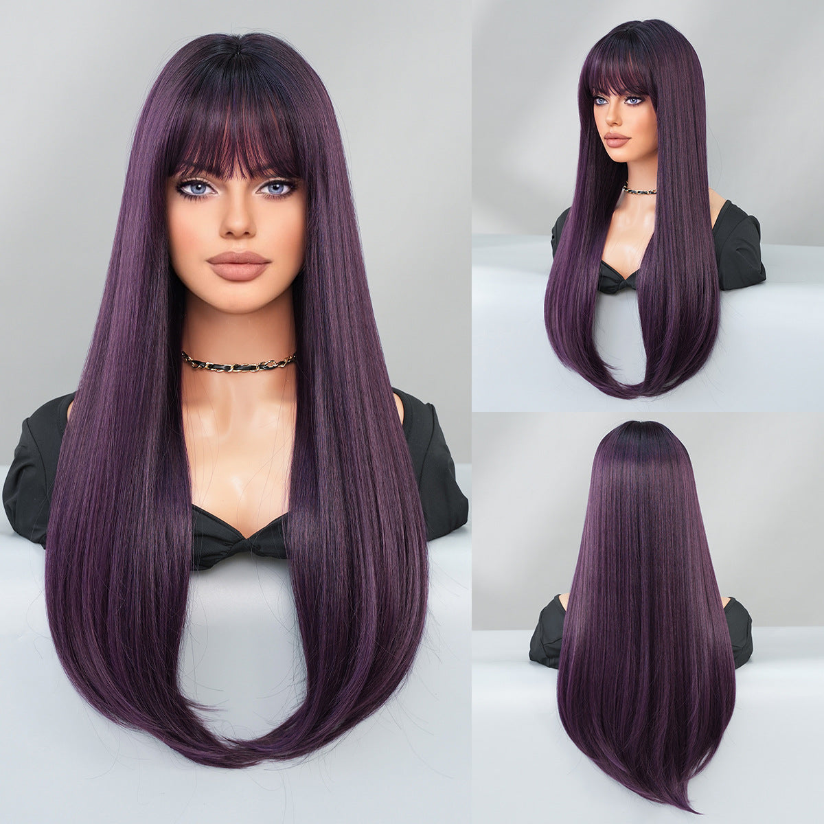 Women's Caramel Mocha Bangs Inner Buckle Layered Long Straight Wig