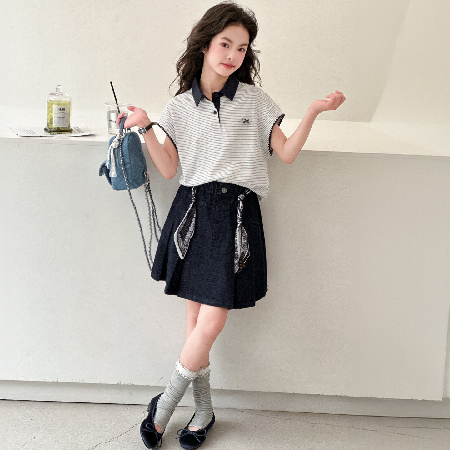 Children's Super Beautiful Medium Big Collar Short Sleeve Pleated Skirt Children's Suit