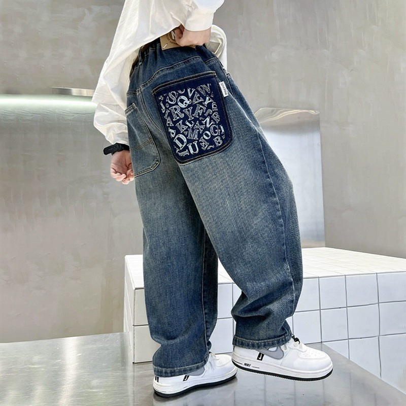 Children's Boys Autumn Clothing Jeans Western Style Medium Big Casual Loose Children's Pants