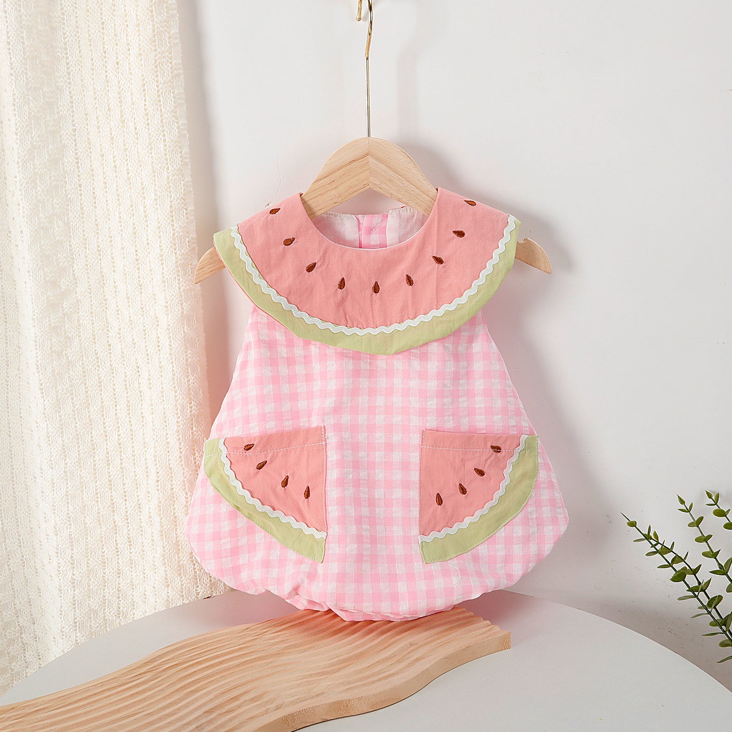 Children's Sleeveless Summer Watermelon Collar Plaid Princess Jumpsuit, Climbing Suit