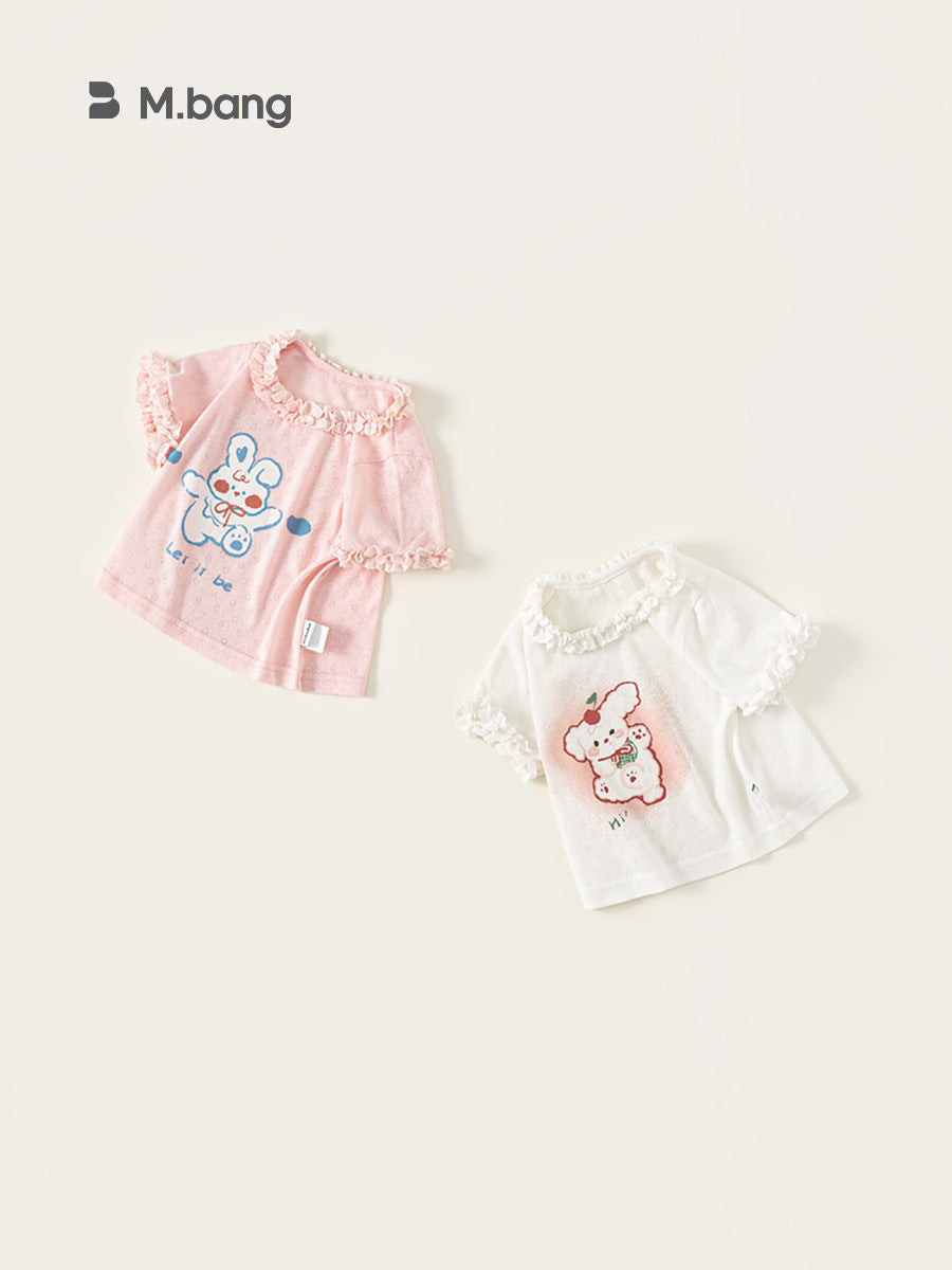 Children's Clothing Cute Printed Top Round Neck Lace Solid Color Short Children's T-shirt
