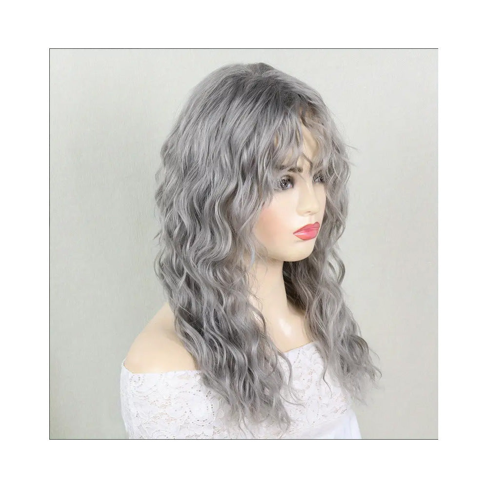 Women's Curling Bangs Wavy Gray Water Ripple Synthetic Wig Long Curls