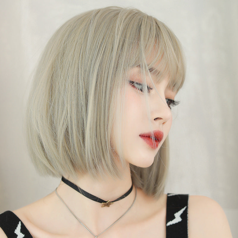 Women's Beige Brown Inner Buckle Full Top Round Wig Short Straight Hair