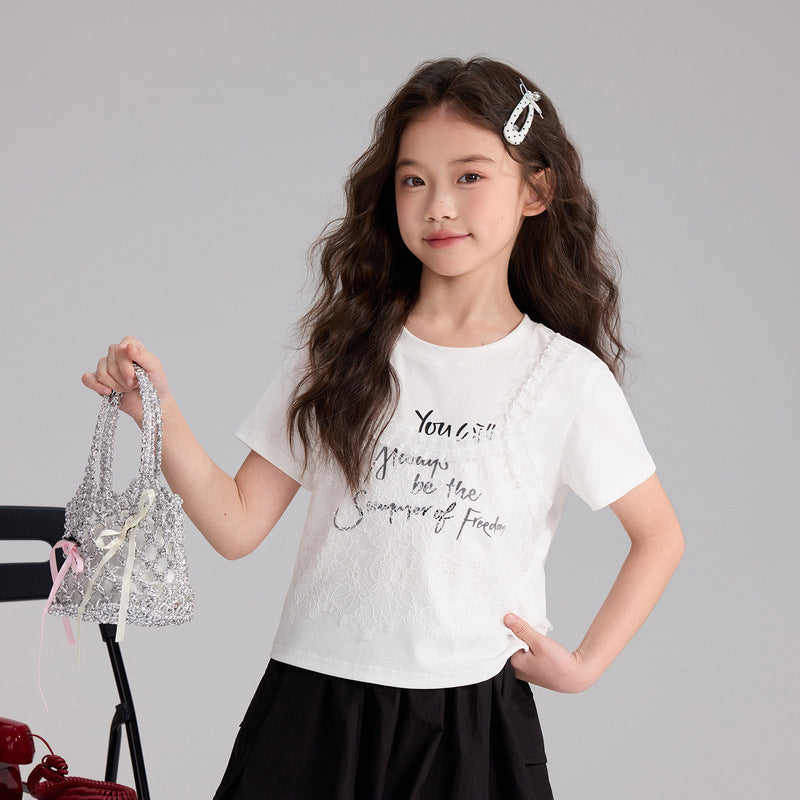 Children's Pudding Summer Fake Two-piece Lace Stitching Sweet Style Short Children's T-shirt