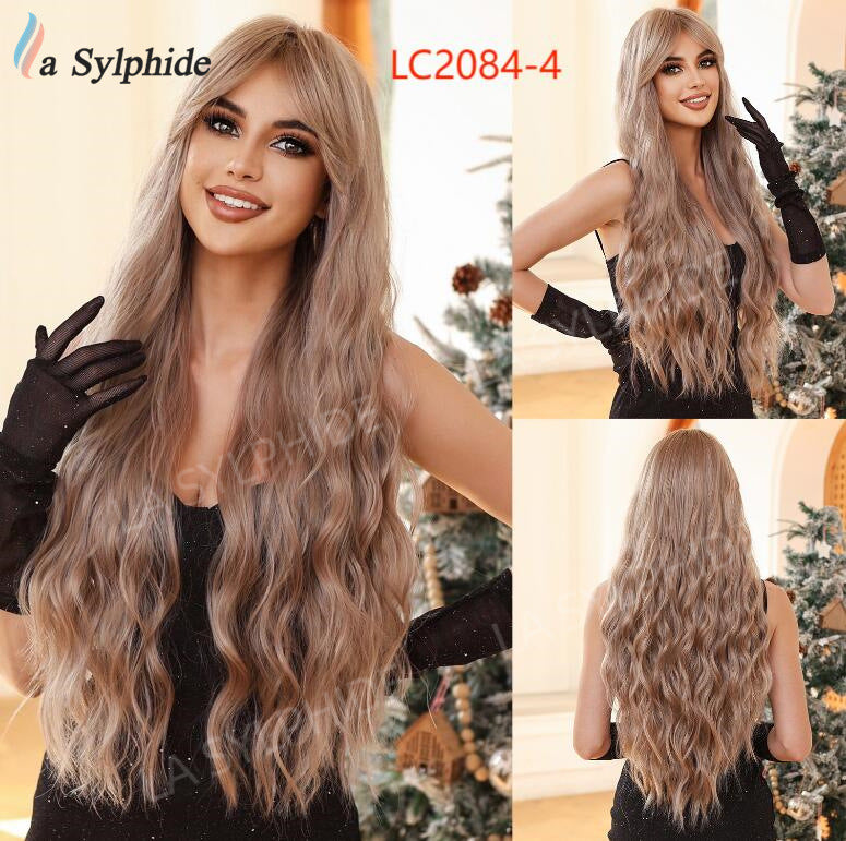 Pink Gray Gold Bangs Curly Hair Rose Net Matte Wig Long Curls
