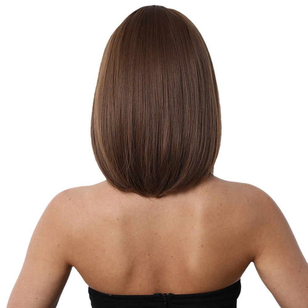 Fashion Dark Brown Mid-length Straight Bangs Wig Short Curly Hair
