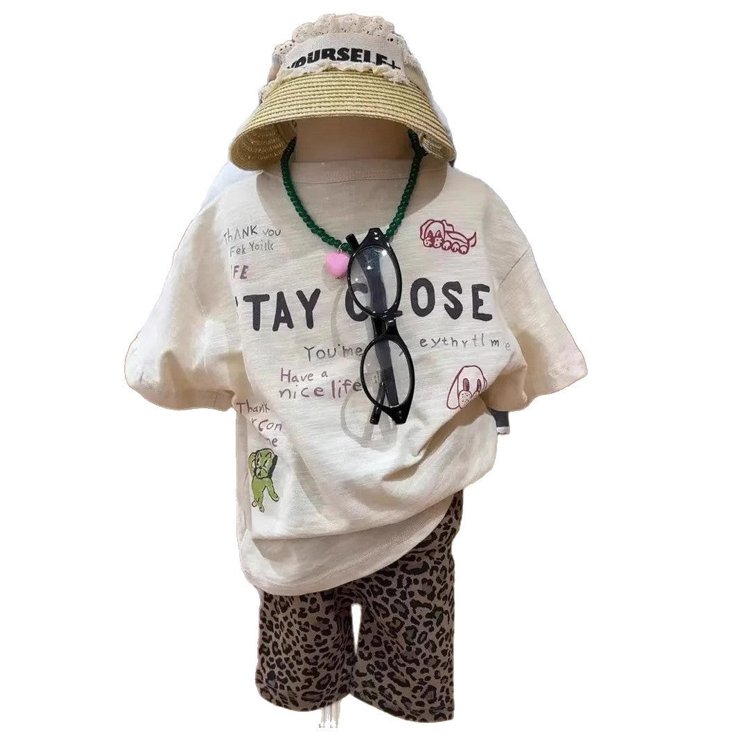 Children's Korean Style Niche Short Sleeved T-shirt Cartoon Sleeve Leopard Print Children's Suit