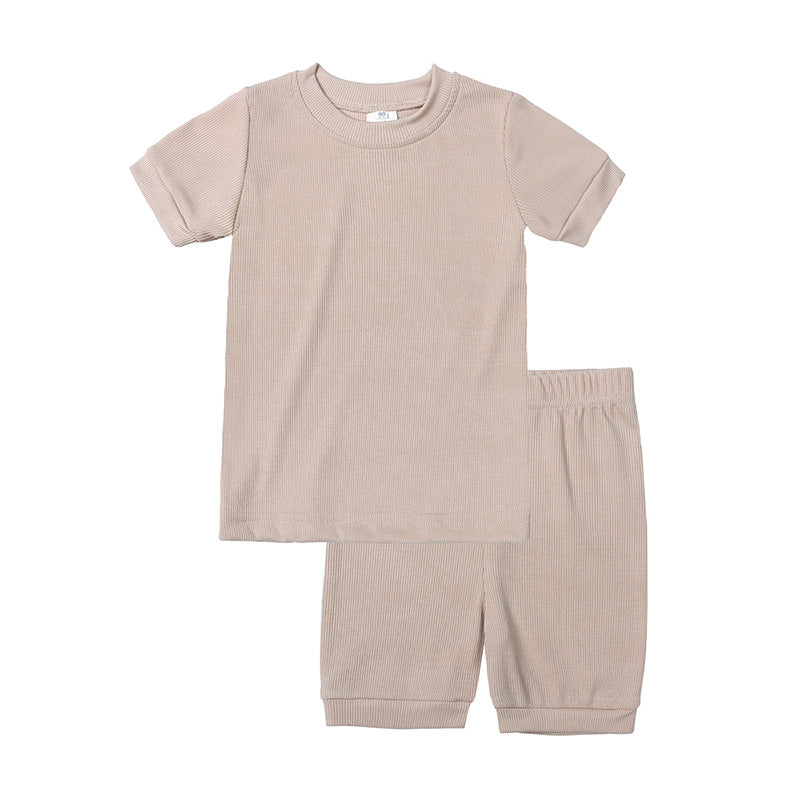 Children's Sunken Stripe Thin Candy Home Wear Short Sleeve Shorts Two-piece Children's Suit