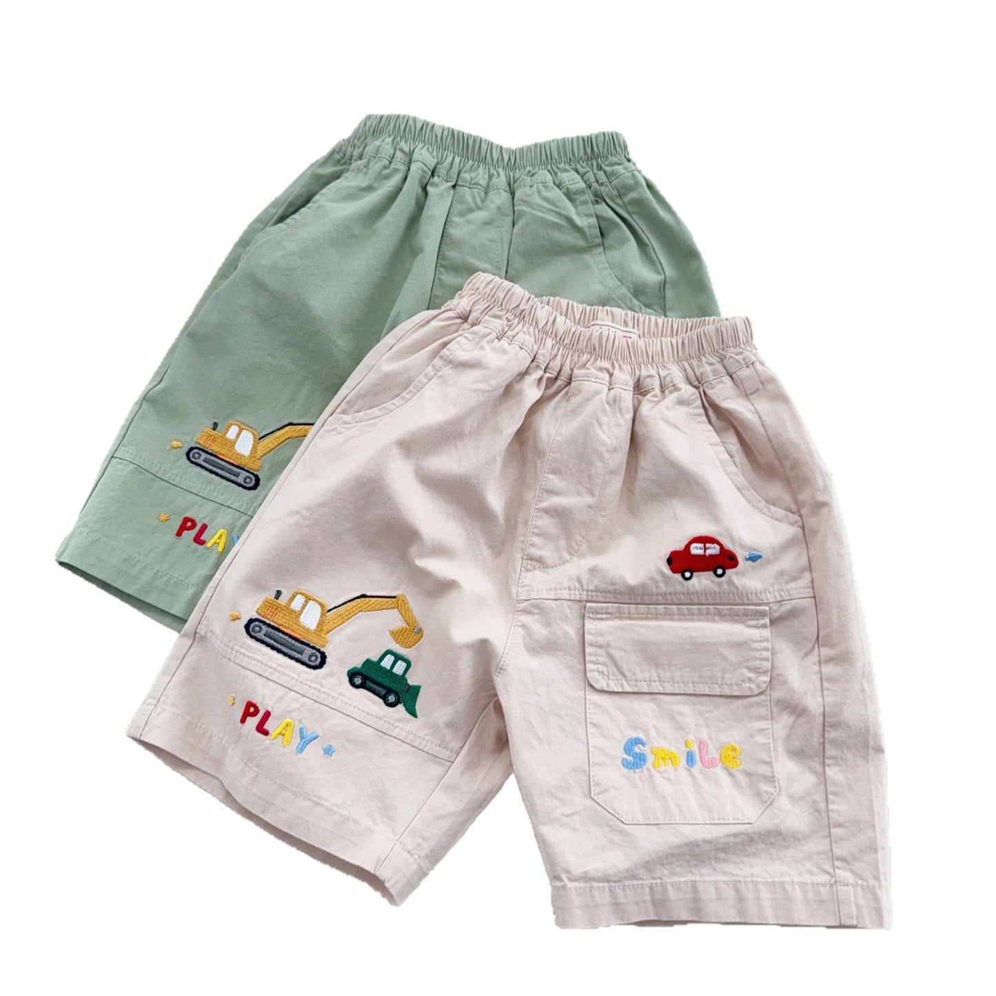 Women's & Men's Summer Cartoon Excavator Car Patch Embroidery Shorts Children's Pants