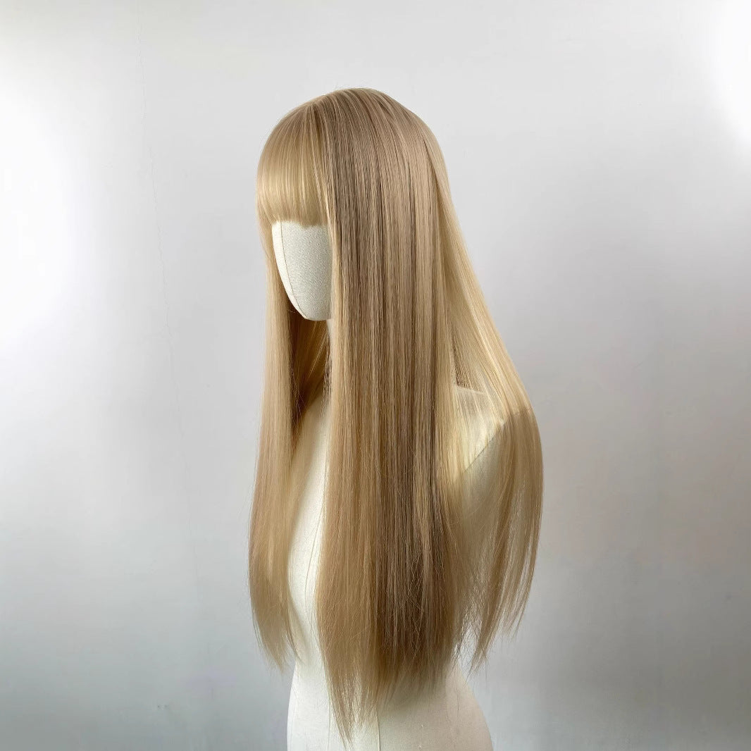 Female Daily Hair Golden Head Cover Air Bangs Mannequin Dummy Long Straight Wig