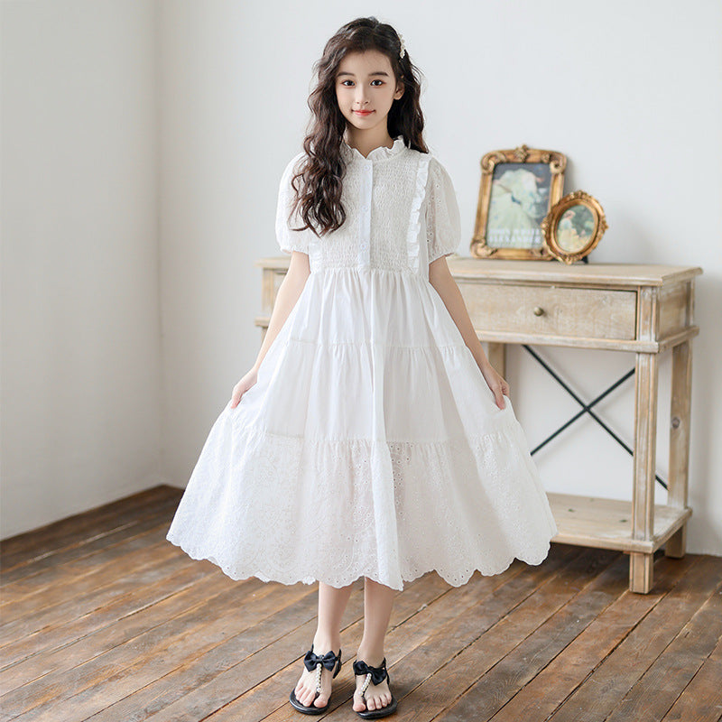 High-grade Wooden Ear Collar Smocking Skirt Big Children's Dress
