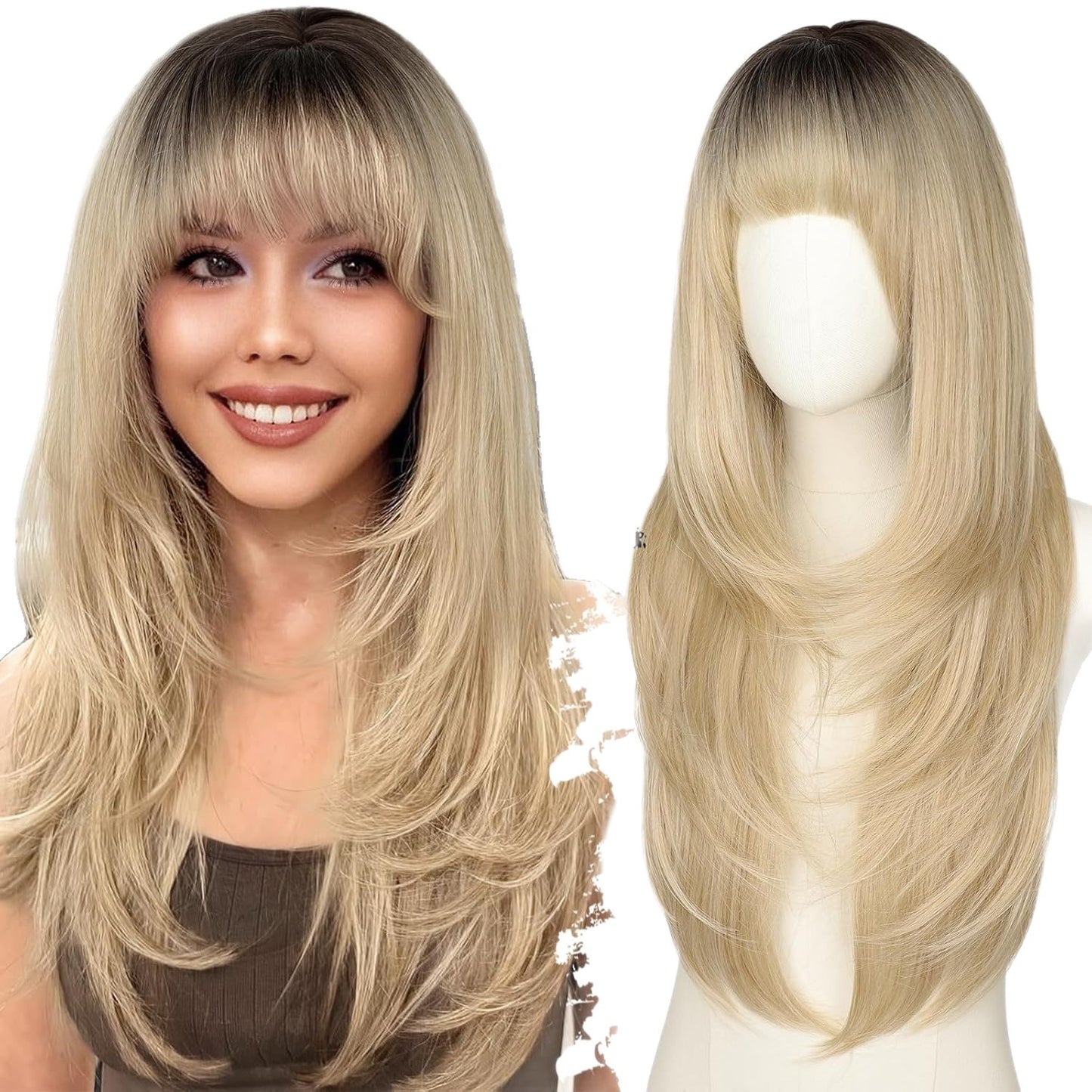 Female Straight Bangs Layered Hair Scalp Synthetic Wig Long Curls