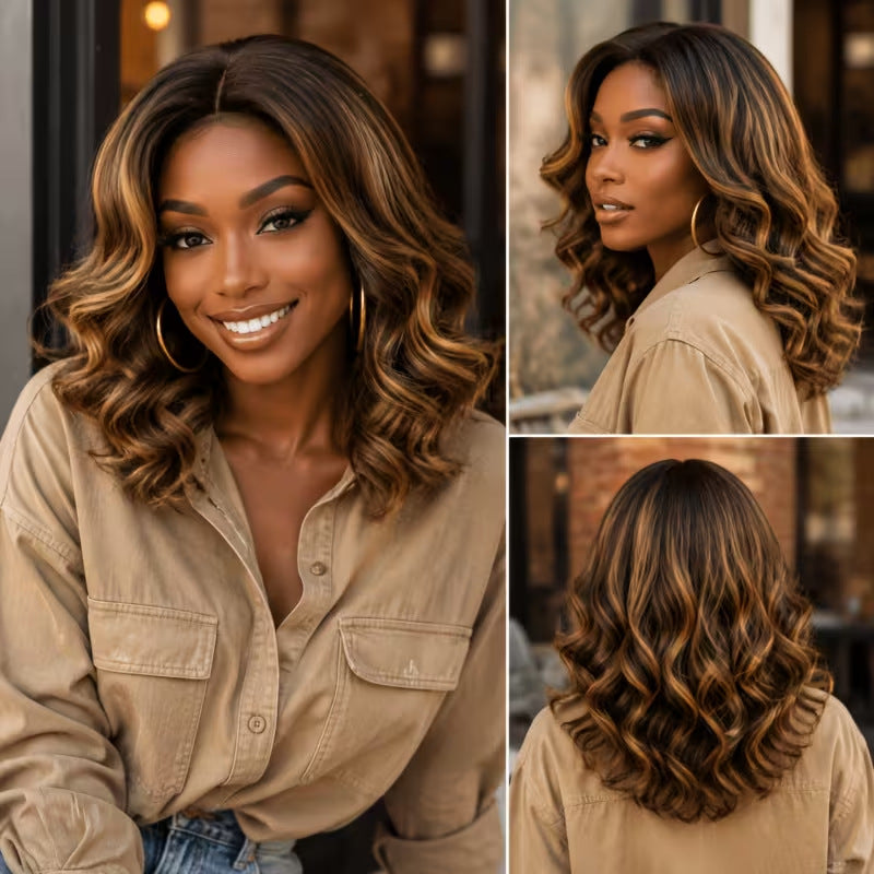 Women's Gold Highlight Dyed Mid-length Large Wave Lace Warm Natural Wig Short Curly Hair