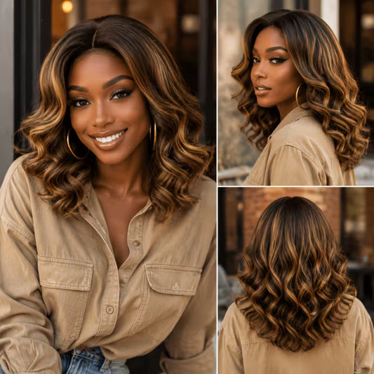 Women's Gold Highlight Dyed Mid-length Large Wave Lace Warm Natural Wig Short Curly Hair