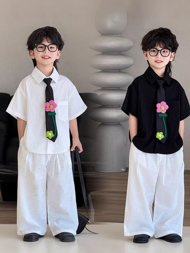 Children's Summer Korean Style Short Sleeve Western Solid Color Children's Shirt