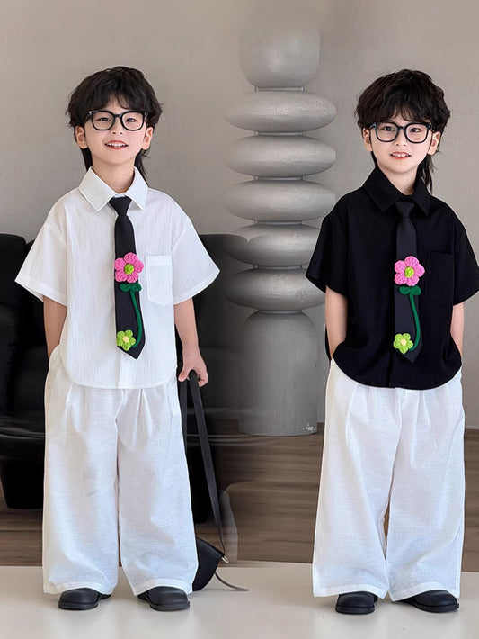 Children's Summer Korean Style Short Sleeve Western Solid Color Children's Shirt
