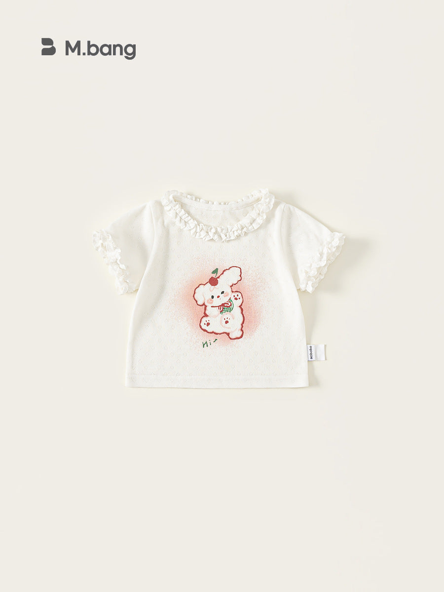 Children's Clothing Cute Printed Top Round Neck Lace Solid Color Short Children's T-shirt