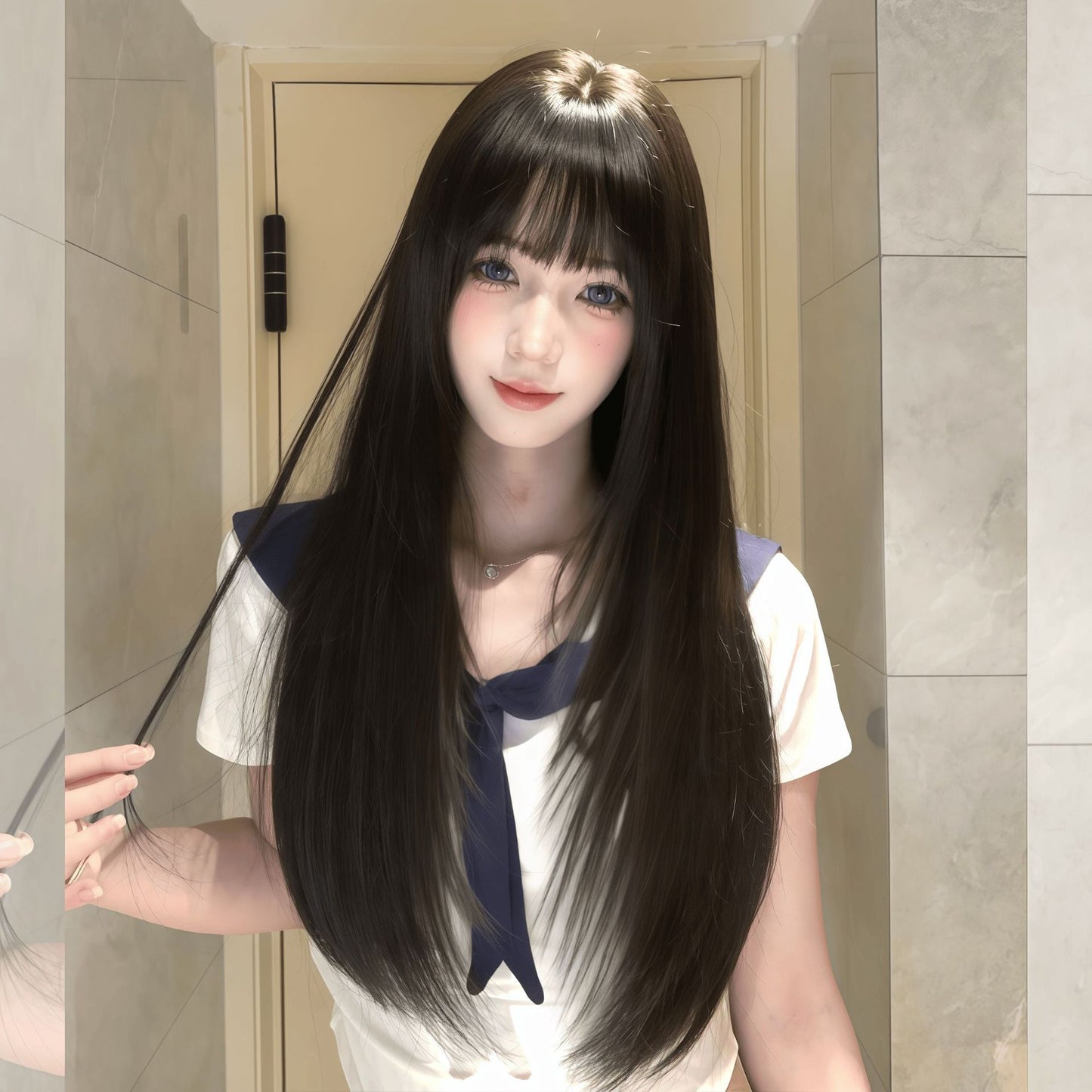 Female Seamless Lightweight Increase Cover Gray High Skull Long Straight Wig