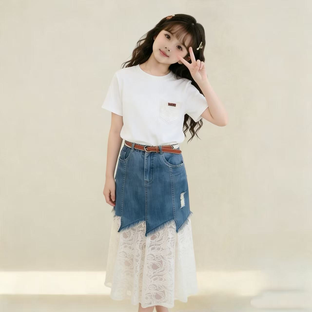 Children's Summer Short-sleeved Denim Lace Skirt Western Children's Suit