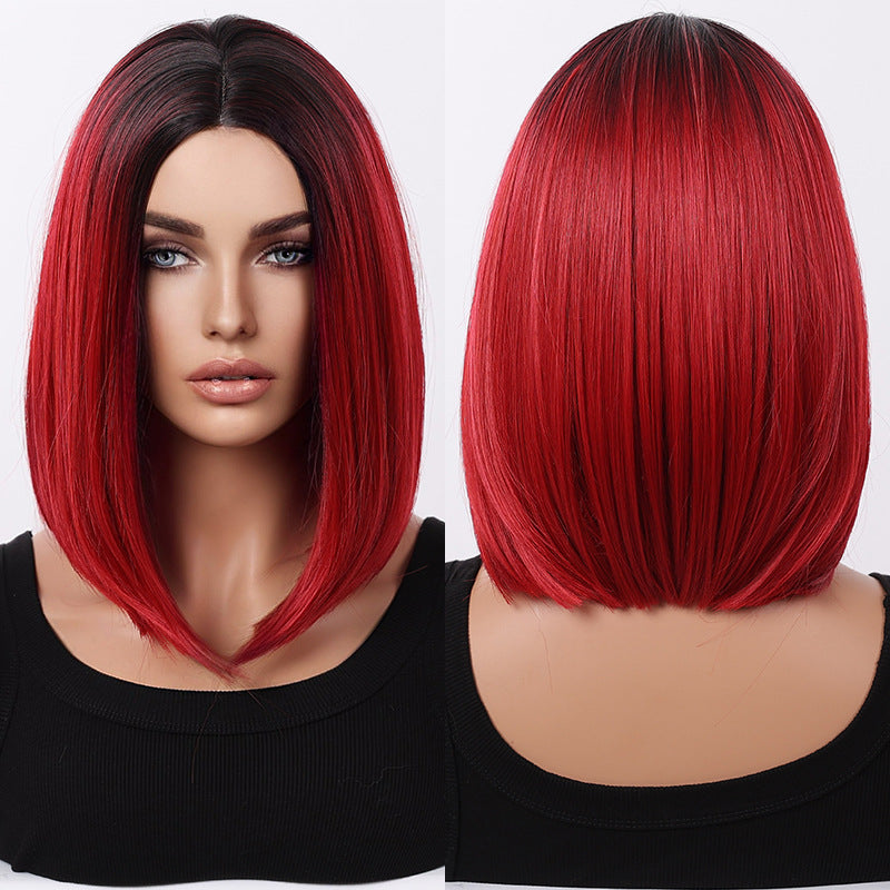 Medium Fashion Wine Red Collarbone Length Wig Short Straight Hair