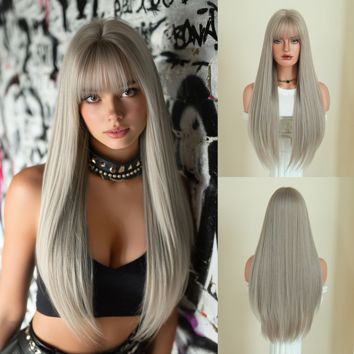 Black Full Top Bangs High Quality Chemical Long Straight Wig