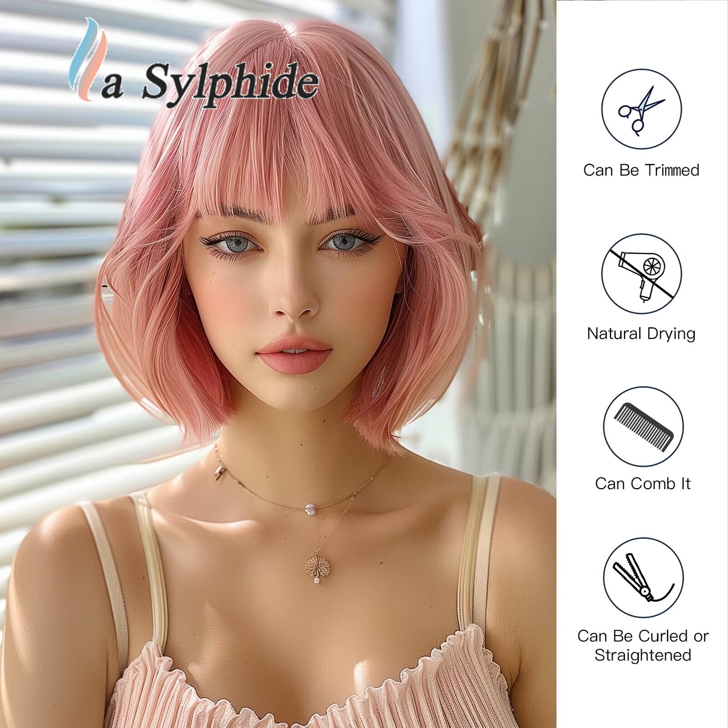 Women's Head Cut Pink Bangs Universal Halloween Wig Short Straight Hair