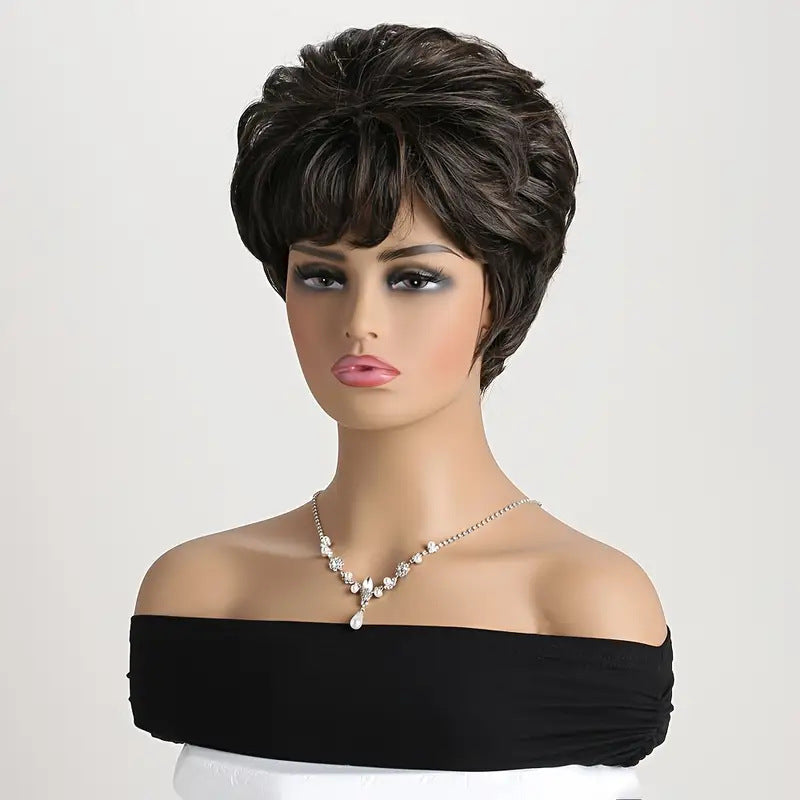 Women's Fashion Fluffy Side Bangs Black Brown Wig Short Curly Hair