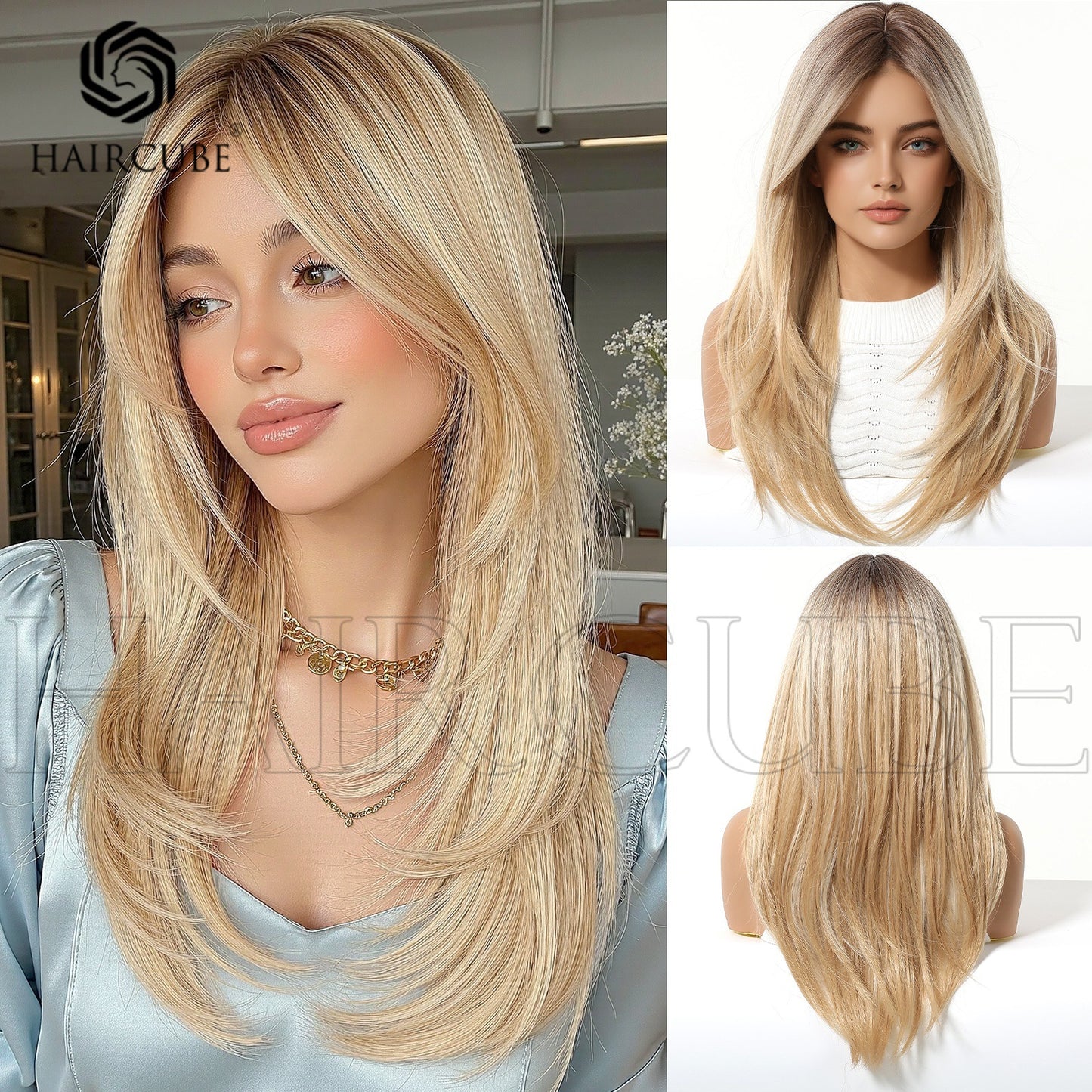 Cover Golden Bangs Gradient Hair Matte Long Straight Wig