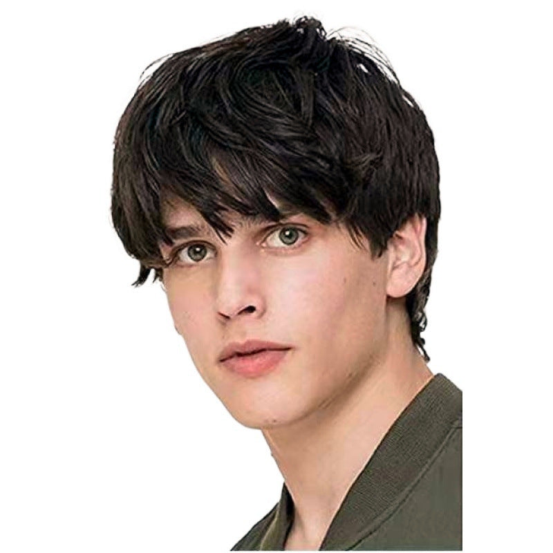 Men's Brown Black Curly Side Bangs Fluffy Wig Short Straight Hair