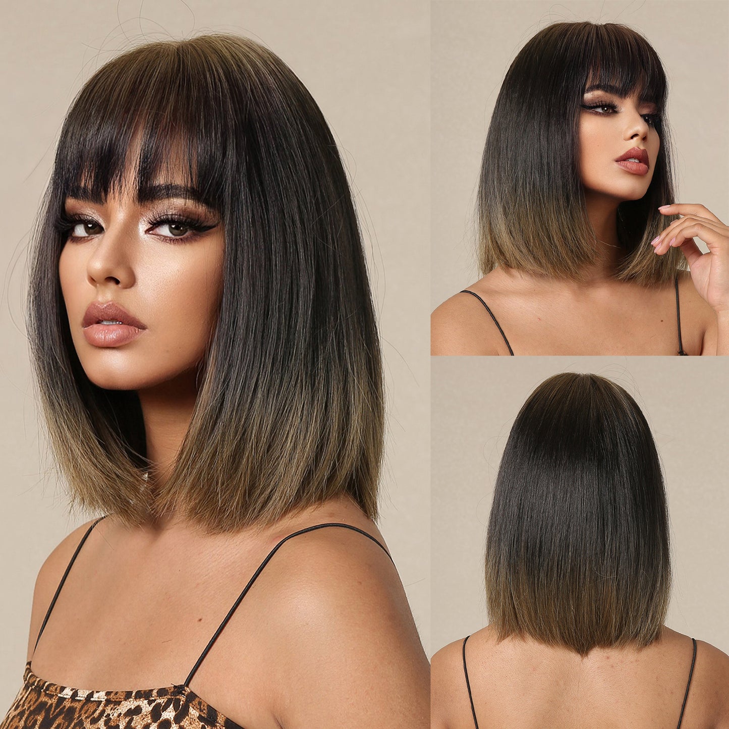 Female Clavicle Gradient Golden Artificial Scalp Natural Medium Wig Short Straight Hair