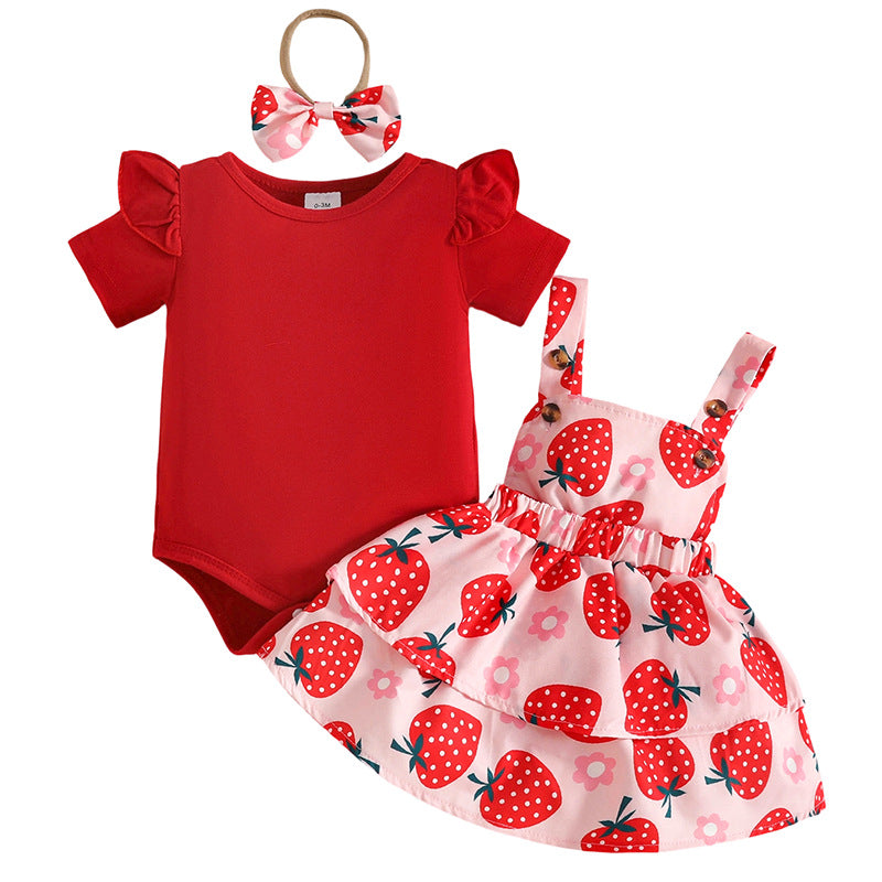 Sleeve Triangle Rompers With Strawberry Printed Suspender Dress Jumpsuit, Climbing Suit
