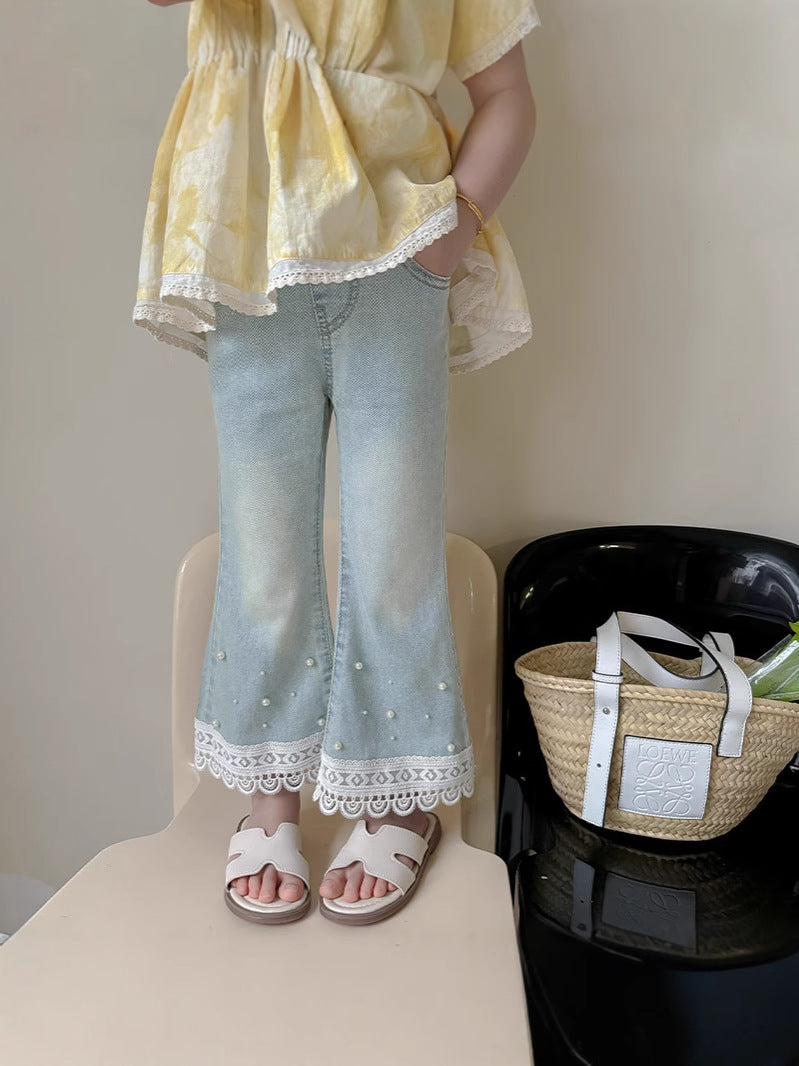 Retro Skinny Jeans Summer Beading Lace Design Thin Draped Children's Pants